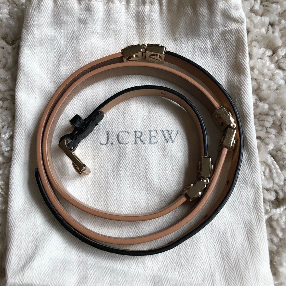 J Crew women’s black snake leather and tan belt